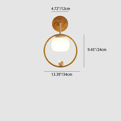 Contemporary Scandinavian Bird Round Wood Glass 1-Light Wall Sconce Lamp For Bedroom