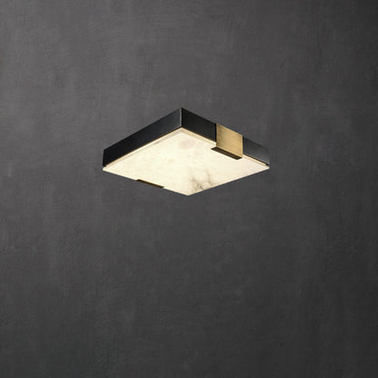 Traditional Chinese Square Marble Shade Brass Frame LED Flush Mount Ceiling Light For Living Room