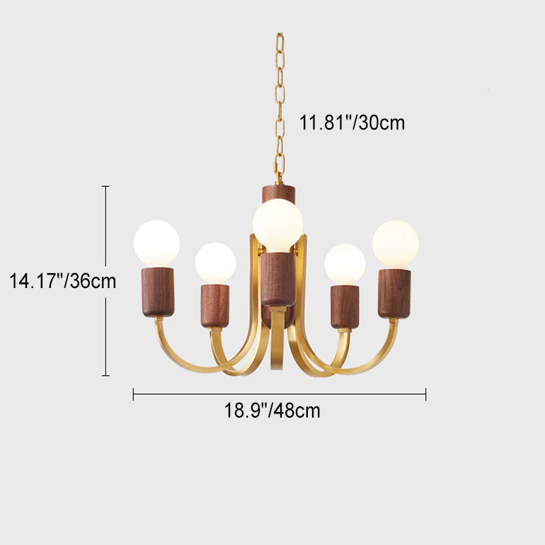 Contemporary Vintage Curved Rod Cylinder Candlestick Shape Copper Wood 3/4/5 Light Chandelier For Living Room