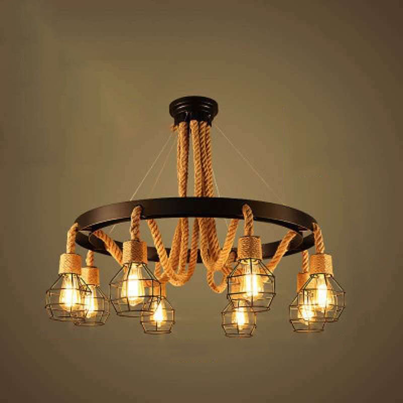Traditional Rustic Hemp Rope Weaving Iron Cage 6/8-Light Chandelier For Dining Room