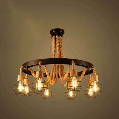 Traditional Rustic Hemp Rope Weaving Iron Cage 6/8-Light Chandelier For Dining Room