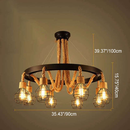 Traditional Rustic Hemp Rope Weaving Iron Cage 6/8-Light Chandelier For Dining Room