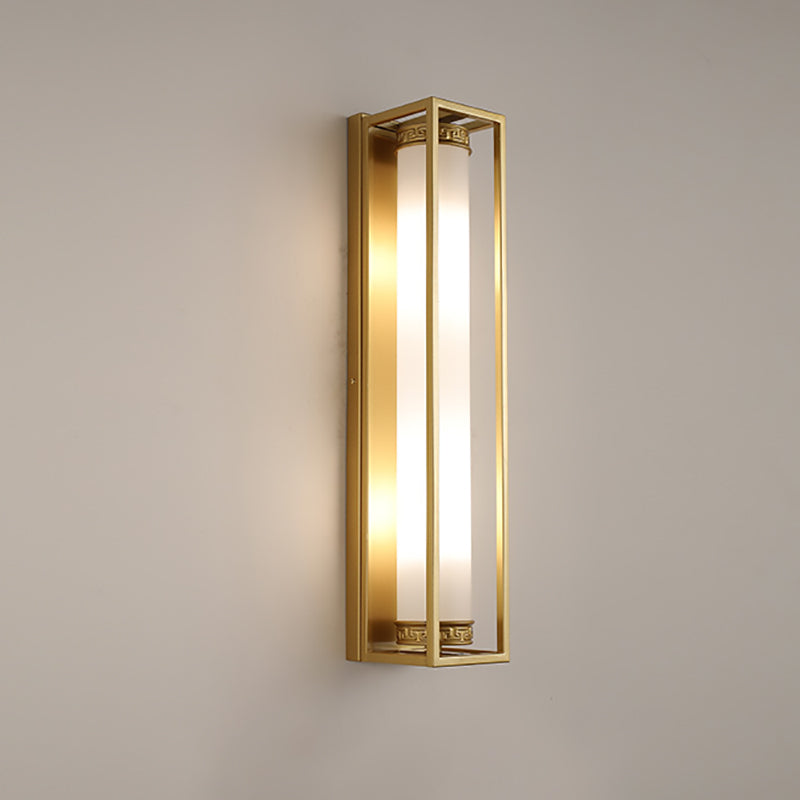 Traditional Chinese Iron Glass Rectangular Cylinder 2-Light Wall Sconce Lamp For Living Room