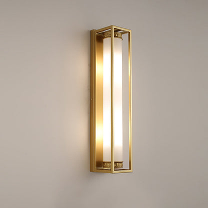 Traditional Chinese Iron Glass Rectangular Cylinder 2-Light Wall Sconce Lamp For Living Room