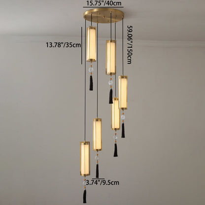 Traditional Chinese Copper Glass Cylinder Elliptical Hollow 1/3/6 Light Chandelier For Entryway