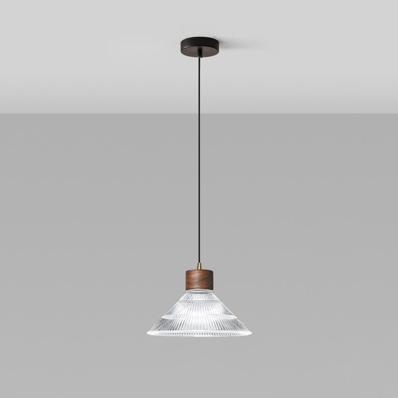 Traditional Chinese Iron Walnut Glass Conic Umbrella-Shaped 1-Light Pendant Light For Dining Room