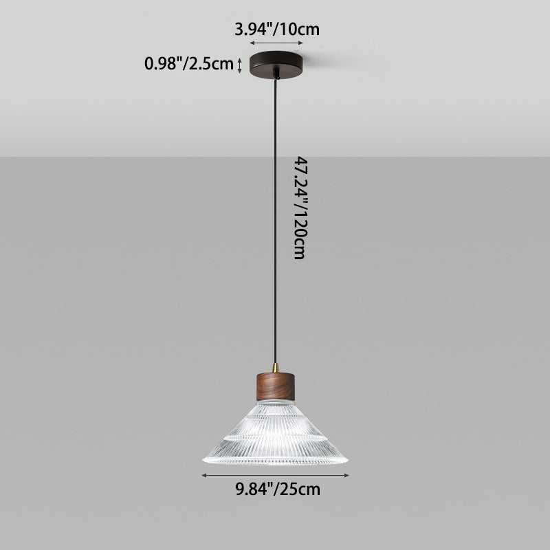Traditional Chinese Iron Walnut Glass Conic Umbrella-Shaped 1-Light Pendant Light For Dining Room