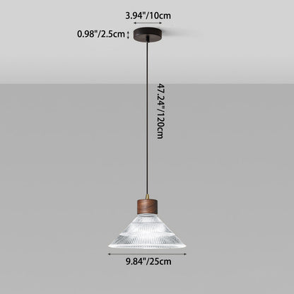 Traditional Chinese Iron Walnut Glass Conic Umbrella-Shaped 1-Light Pendant Light For Dining Room