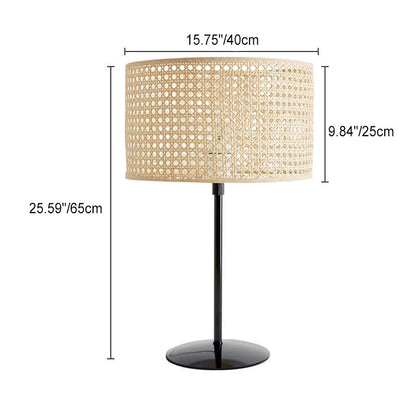 Traditional Rustic Rattan Weaving Cylinder 1-Light Table Lamp For Home Office