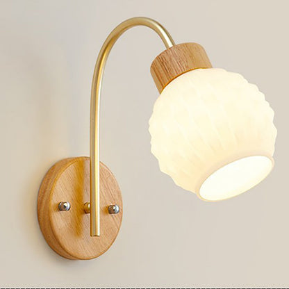 Contemporary Creative Bell Orchid Flower Pleated Glass Shade Wood 1-Light Wall Sconce Lamp For Living Room