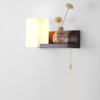 Modern Minimalist Rectangular Square Shelf Wood Glass 1-Light Wall Sconce Lamp For Bedroom