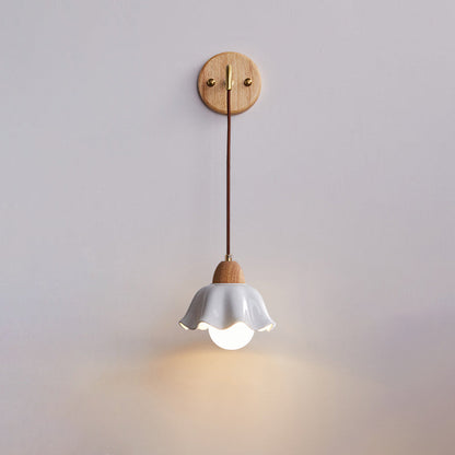 Contemporary Retro Cylinder Petal Cone Solid Wood Glass 1-Light Wall Sconce Lamp For Bedroom