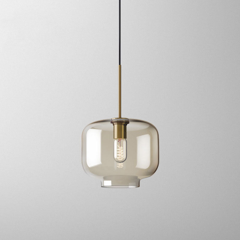 Nordic Minimalist Cognac Glass Round Geometric Jar 1-Light Pendant Light