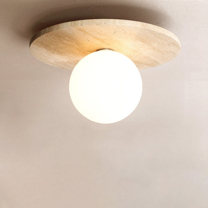 Traditional Vintage Round Travertine 1-Light Flush Mount Ceiling Light For Hallway