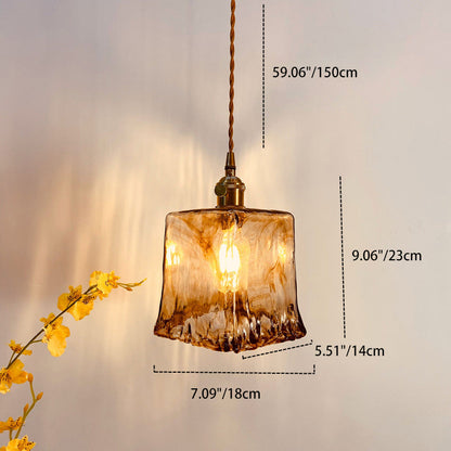 Traditional Vintage Amber Square Glass Brass 1-Light Pendant Light For Living Room