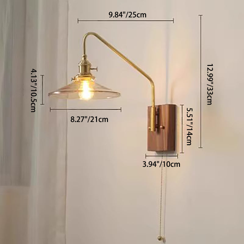 Traditional Vintage Disc Rectangular Base Glass Copper Walnut 1-Light Wall Sconce Lamp For Bedroom
