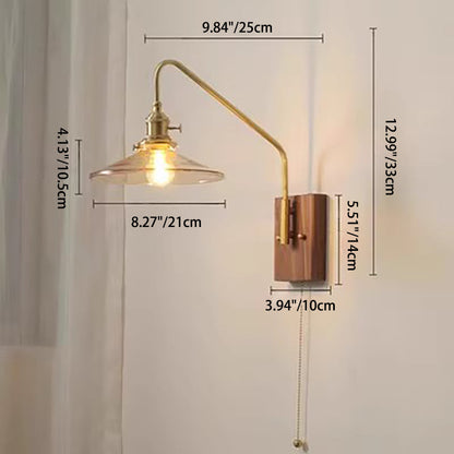 Traditional Vintage Disc Rectangular Base Glass Copper Walnut 1-Light Wall Sconce Lamp For Bedroom