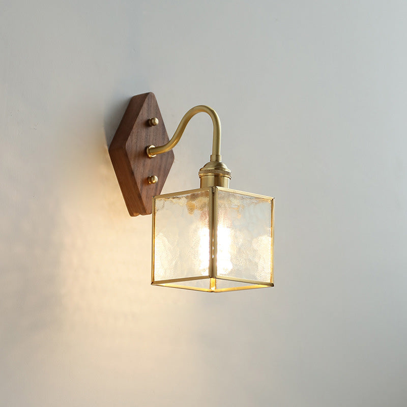 Traditional Vintage Square Copper Glass Wood 1-Light Wall Sconce Lamp For Bedroom
