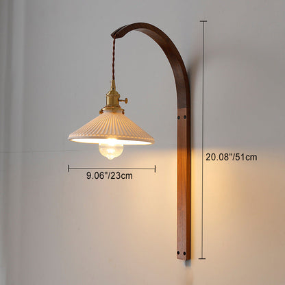 Traditional Japanese Round Ceramic Glass Shade Wood Curved Pole 1-Light Wall Sconce Lamp For Living Room