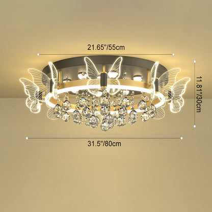 Modern Luxury Radiant Crystal Strings Butterfly Embellishment Round Shade LED Flush Mount Ceiling Light For Living Room