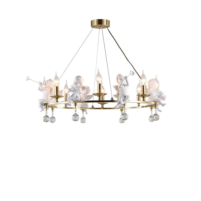 Traditional Vintage Angel Candle Crystal Round ABS Copper 3/6/8 Light Chandelier For Living Room