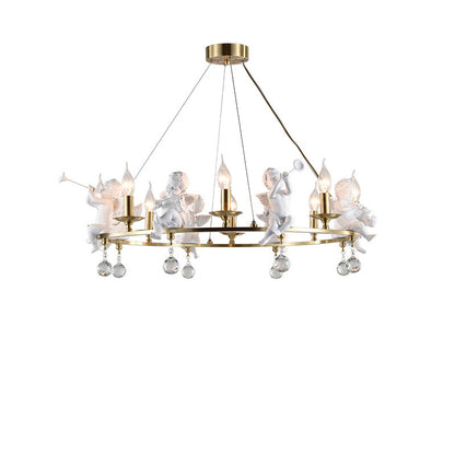 Traditional Vintage Angel Candle Crystal Round ABS Copper 3/6/8 Light Chandelier For Living Room