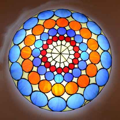 European Stained Glass Tiffany Round Various Pattern Designs 2/3 Light Flush Mount Light
