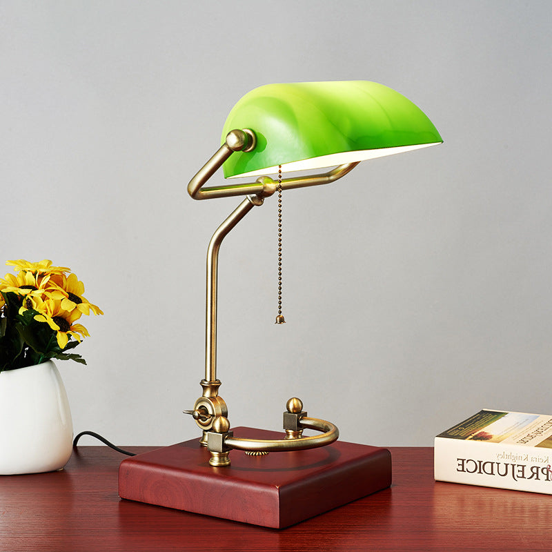 Traditional Vintage Curved Glass Solid Wood Base 1-Light Table Lamp For Study