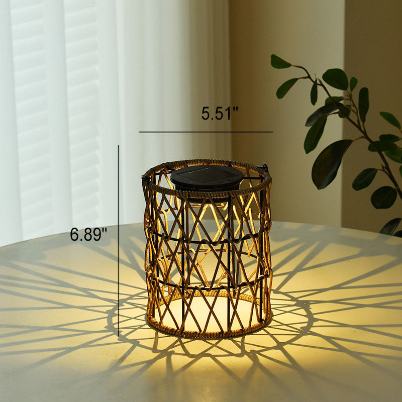 Solar Outdoor Rattan Weaving Cylinder Waterproof LED Garden Table Lamp