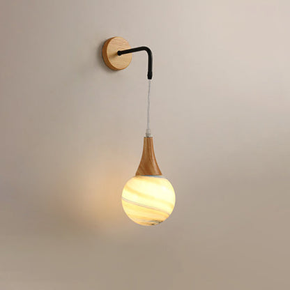 Traditional Vintage Wood Frame Moon Textured Globe Shade 1-Light Wall Sconce Lamp For Bedroom