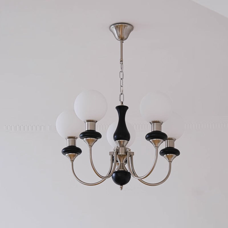 Traditional Vintage Branch Curved Pole Orb Iron Wood Glass 3/5/6 Light Chandelier For Living Room