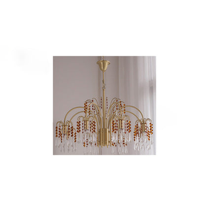 Traditional French Hanging Bead Chain Copper Crystal 3/6/8 Light Chandeliers For Livnig Room