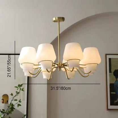French Vintage Frosted Glass Cone Shade Brass Branch 5/6/8 Light Chandelier
