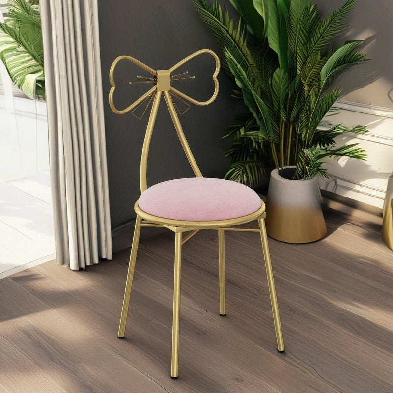 Contemporary Creative Bow Round Upholstered Velvet PU Leather Metal Vanity Stool Backrest For Bedroom