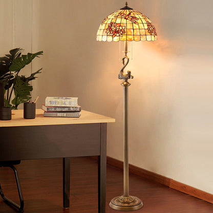Traditional Tiffany Brass Shell Dome Rose Dragonfly 3-Light Standing Floor Lamp For Living Room