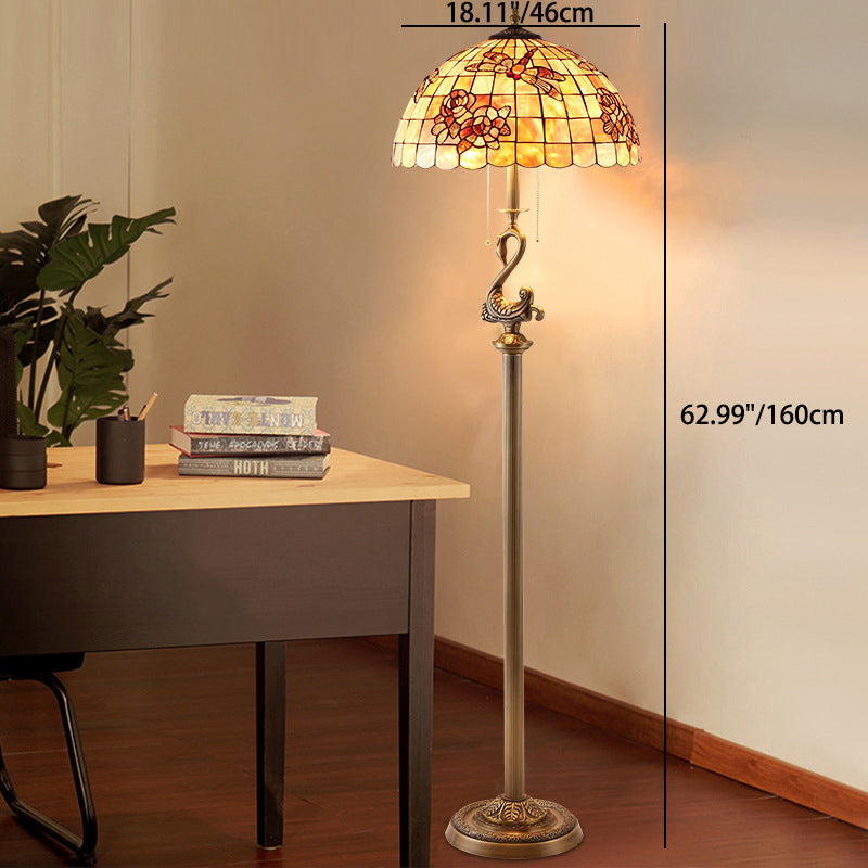 Traditional Tiffany Brass Shell Dome Rose Dragonfly 3-Light Standing Floor Lamp For Living Room