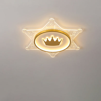 Modern Art Deco Crown Round Pentagon Acrylic Iron LED Flush Mount Ceiling Light For Living Room