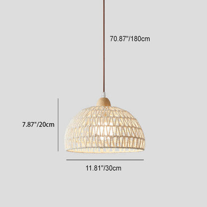 Contemporary Boho Wood Rattan Weaving Dome 1-Light Pendant Light For Dining Room