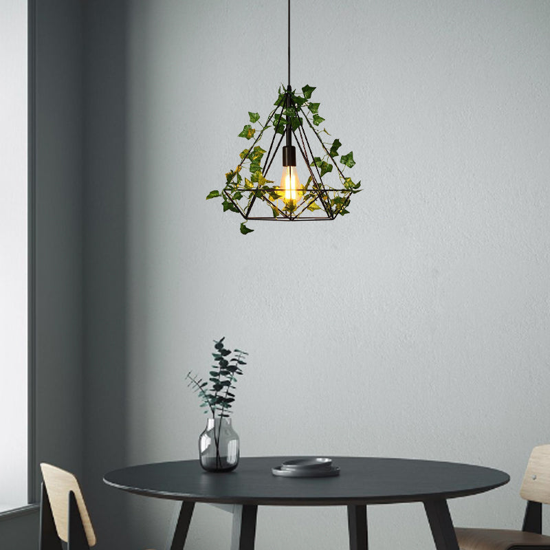 Contemporary Retro Iron Hemp Rope Simulated Greenery Diamond Sakura Leaf 1-Light Pendant Light For Dining Room