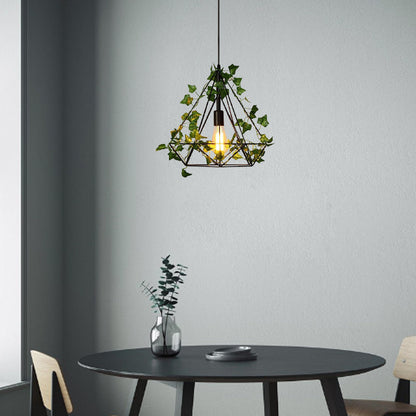 Contemporary Retro Iron Hemp Rope Simulated Greenery Diamond Sakura Leaf 1-Light Pendant Light For Dining Room