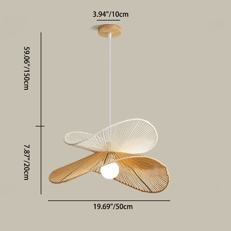 Traditional Vintage Wood Paper Rope Weaving Straw Hat Shape 1-Light Pendant Light For Living Room