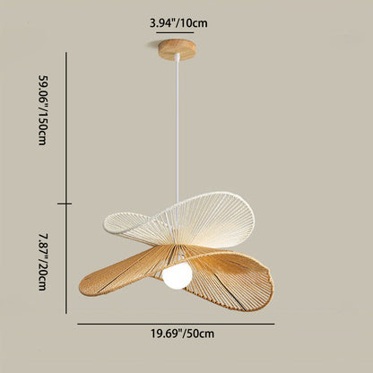 Traditional Vintage Wood Paper Rope Weaving Straw Hat Shape 1-Light Pendant Light For Living Room
