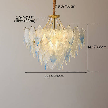 Traditional French Round Tree Leaf Blade Pearl Iron Copper Glass 3/6/9/12 Light Chandelier For Living Room