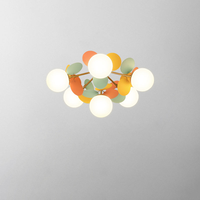 Contemporary Nordic Iron Acrylic Glass Flower Branch Round Ball 4/6/8 Light Semi-Flush Mount Ceiling Light For Living Room