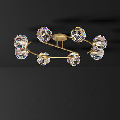 Contemporary Luxury Round Curved Pole Copper Crystal 2/6/8 Light Semi-Flush Mount Ceiling Light For Living Room