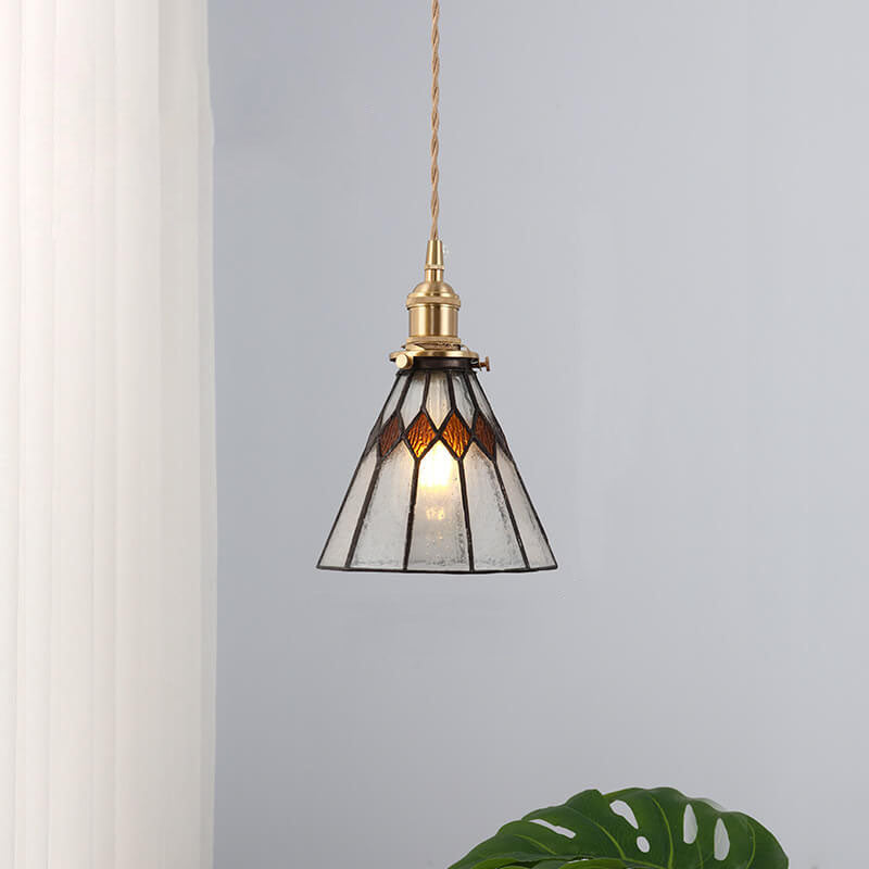 Japanese Vintage Brass Stained Glass Cone 1-Light Pendant Light