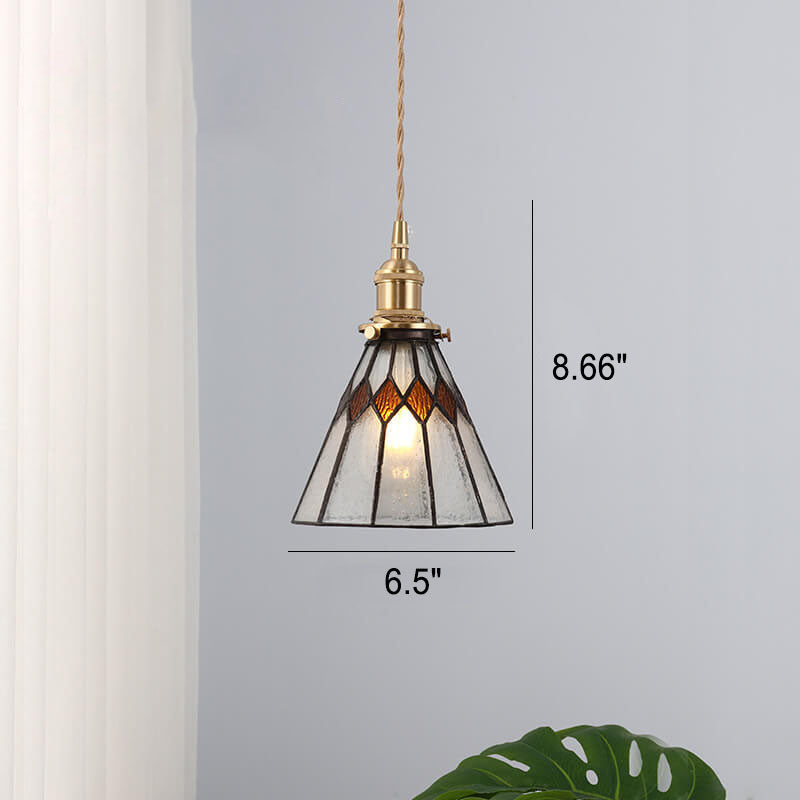 Japanese Vintage Brass Stained Glass Cone 1-Light Pendant Light