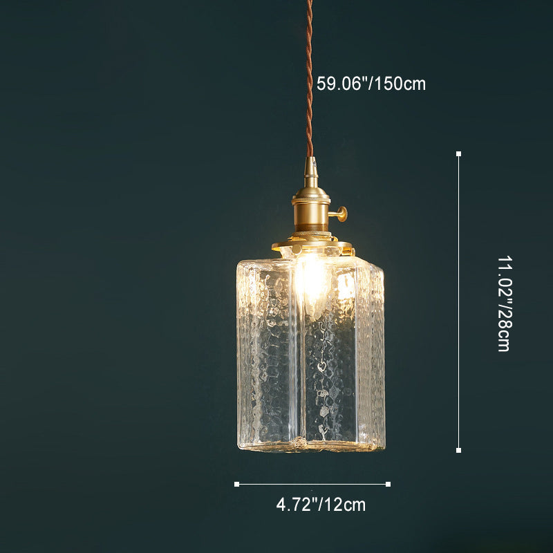 Contemporary Vintage Rectangular Square Draped Glass Brass 1-Light Pendant Light For Living Room