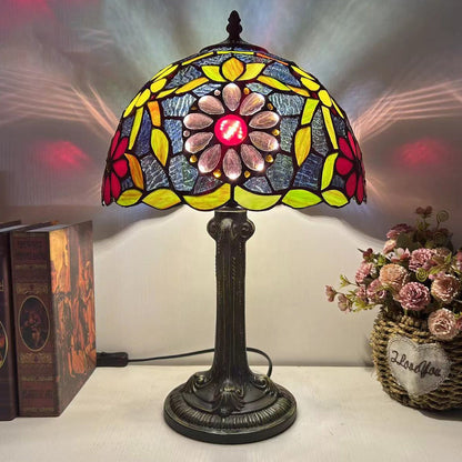 Traditional Tiffany Dome Flower Iron Glass 1-Light Table Lamp For Living Room