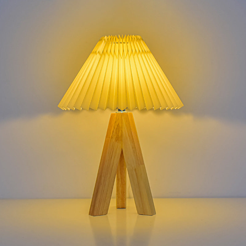 Contemporary Boho Round Cone Tripod Base Fabric Solid Wood LED Table Lamp for Bedroom